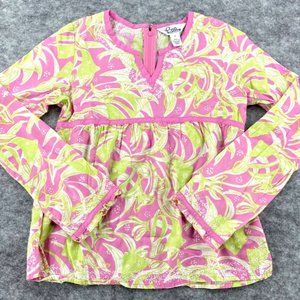 Lilly Pulitzer Girls Top Size 12 Pink Embroidered Green Long Sleeve Back 1/4 Zip